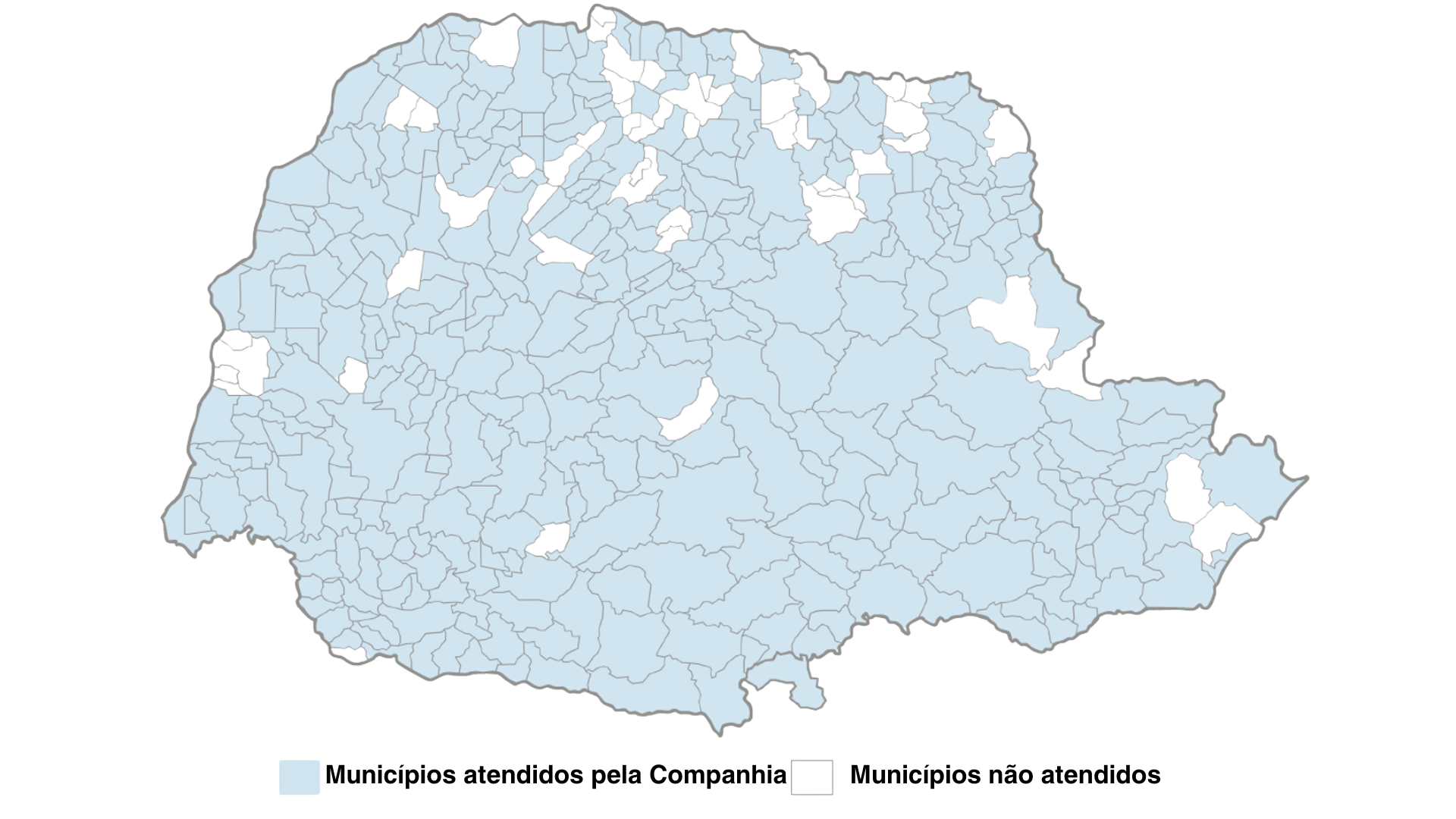 Mapa do Paraná com os municípios atendidos pela Sanepar destacados em cor diferente.