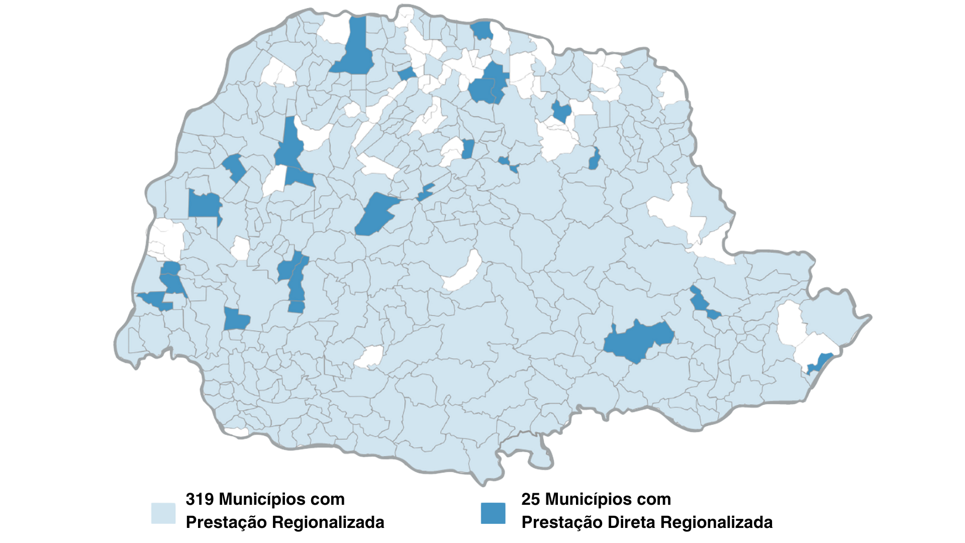 Mapa do Paraná com municípios com Prestação Regionalizada destacados de cor diferente