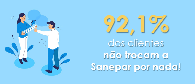 Ilustração com um homem e uma mulher com a informação de que 92,1% de clientes não trocam a Sanepar por nada