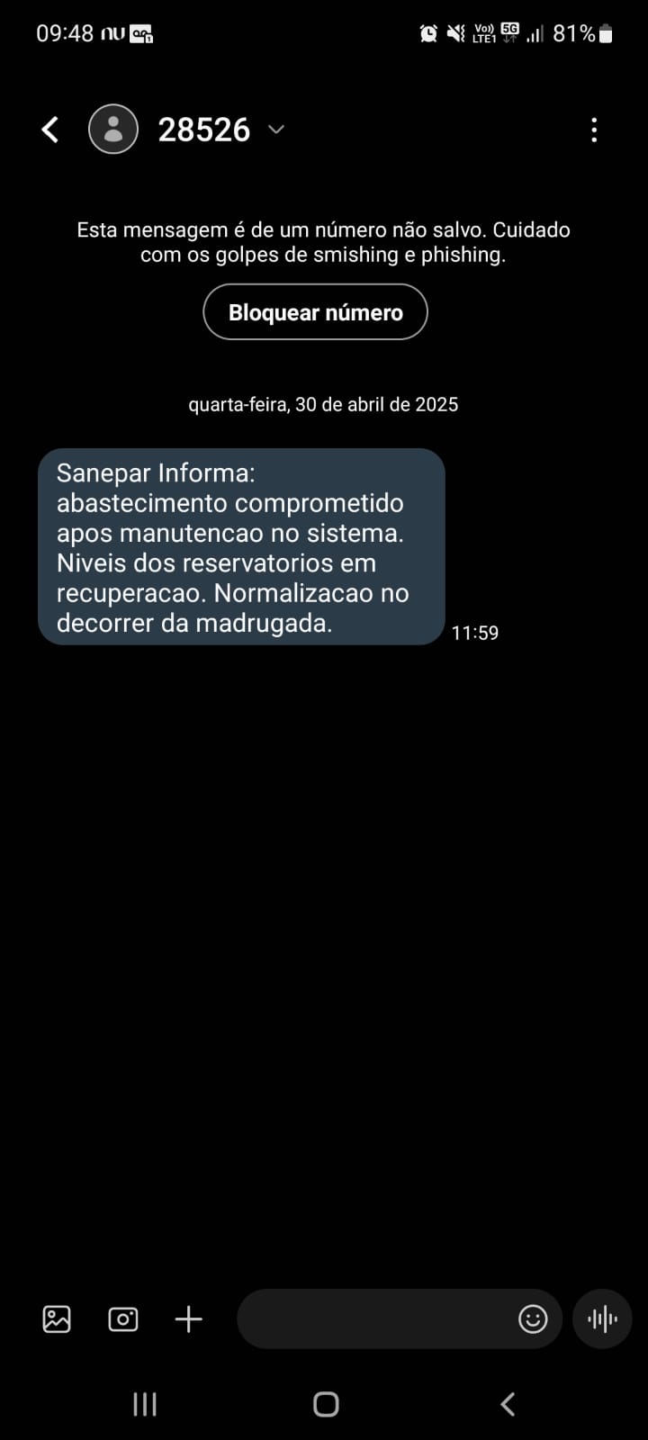 Cliente pode receber aviso de falta-d'água por SMS no celular