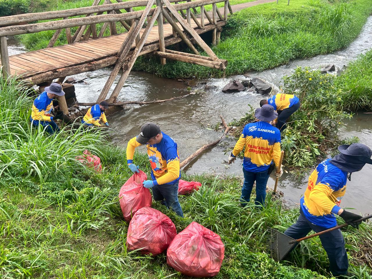Equipe de voluntários da Sanepar limpando rios no Paraná