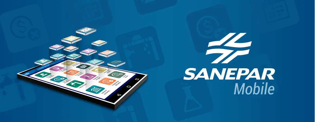 Desenho de um aparelho celular com icones de um aplicativo saindo da tela, ao lado da logo Sanepar Mobile.