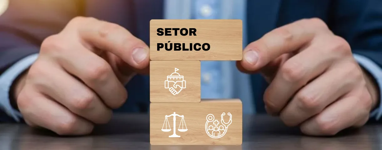Imagem da mão de um homem apontando para quadrados, o qual está escrito setor público e símbolos da área da saúde, direito e negócios.
