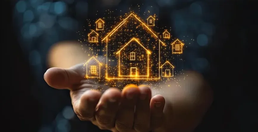 Uma mão segurando uma imagem de varias casas