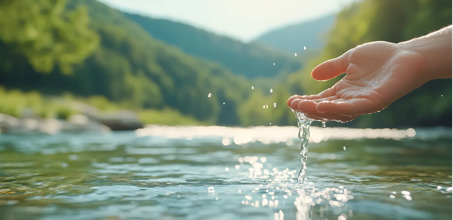 mão tocando água de um rio