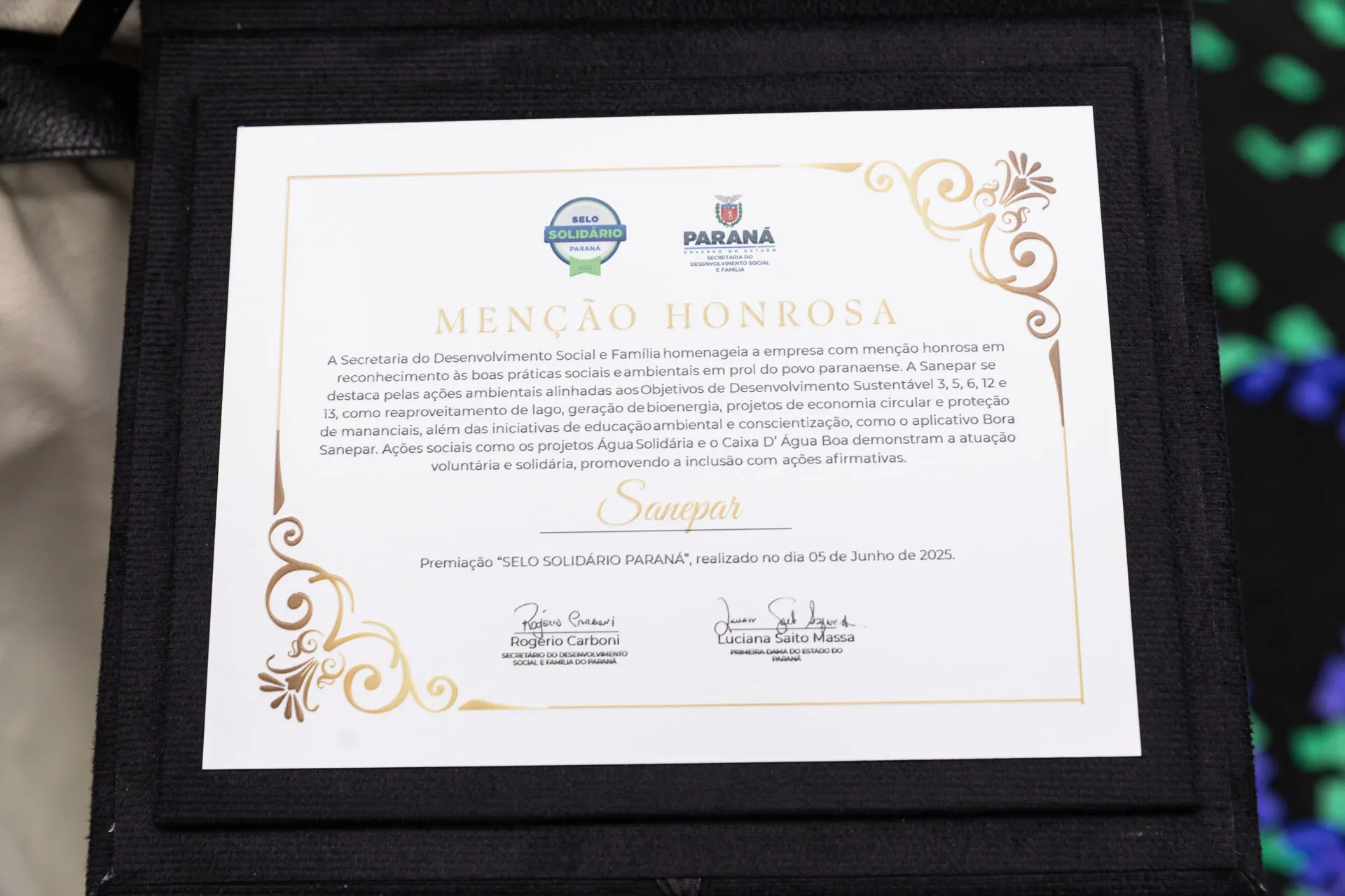 Sanepar recebe menção honrosa do Selo Solidário Paraná por destaque em ações ASG