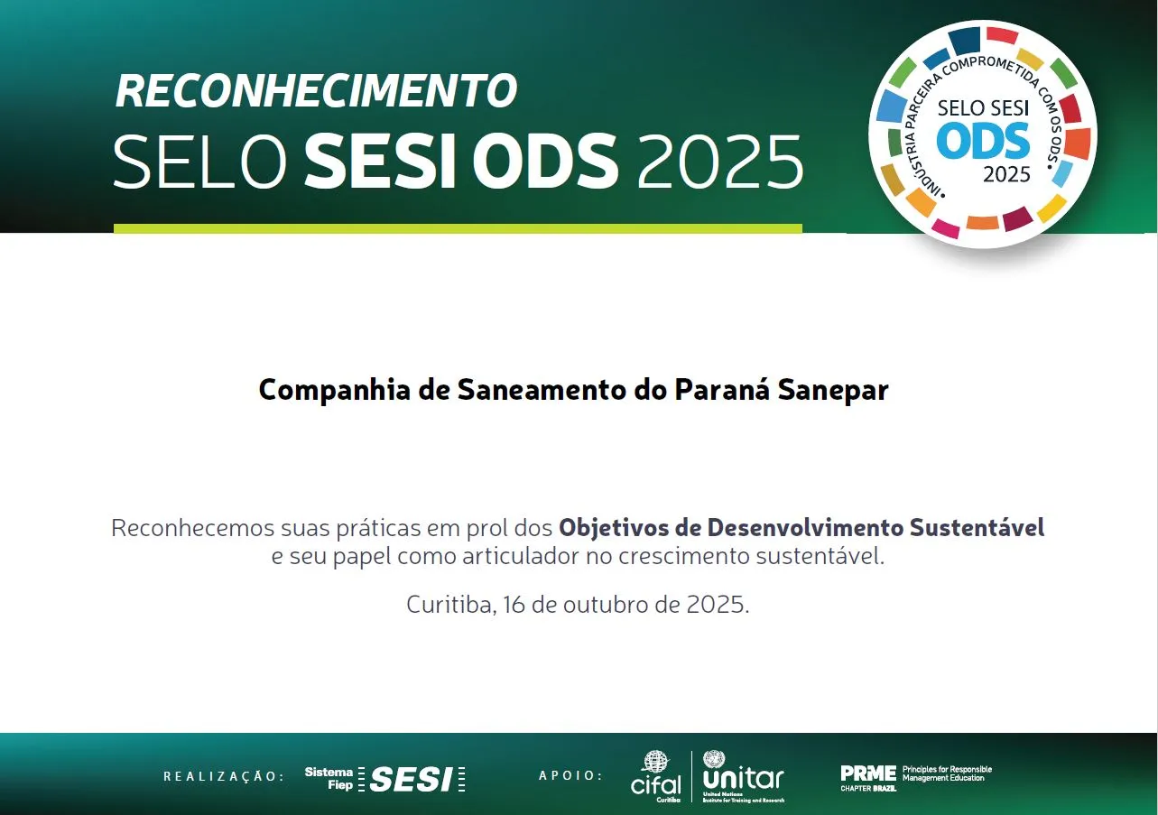 Certificado de reconhecimento da Companhia de Saneamento do Paraná no Prêmio SESI ODS 2025.