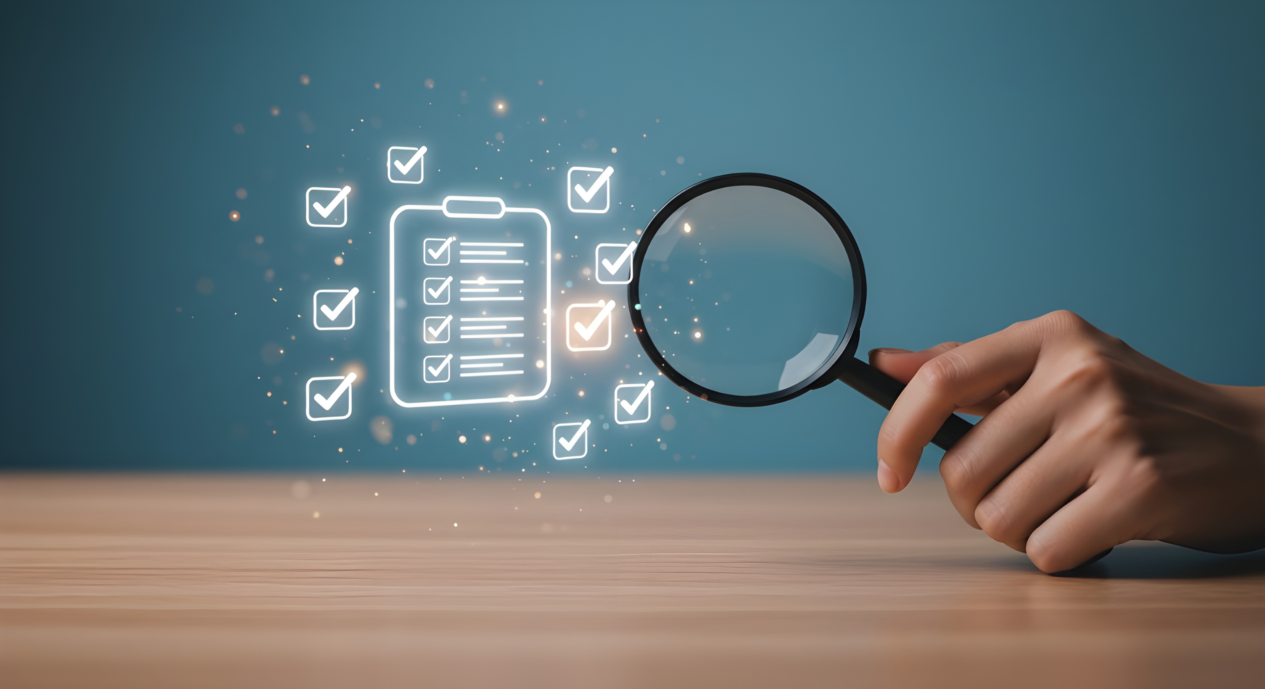 Pessoa segurando uma lupa observando uma lista com várias caixas de seleção e marcações, representando a transparência de informações.
